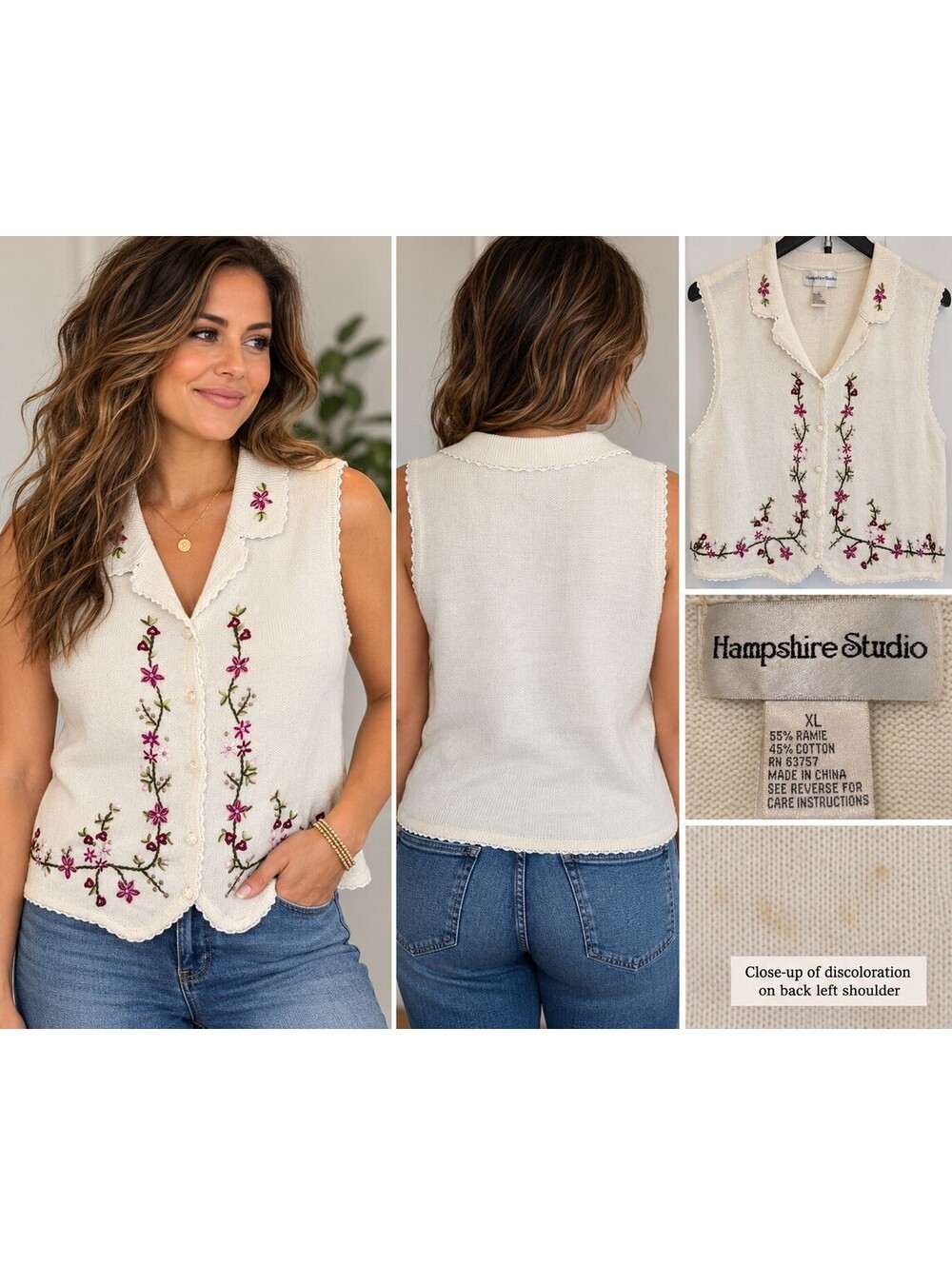 Hampshire Studio XL Floral Embroidered Knit Vest Cottagecore Button Front
